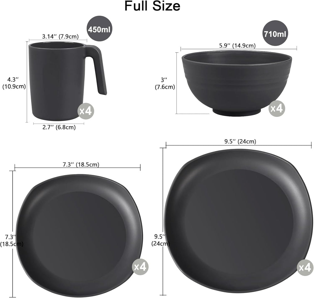 Ensemble de vaisselle en PP | Service de table léger et indestructible de 16 pièces pour enfants et adultes, 4 assiettes, 4 assiettes à dessert, 4 bols, 4 tasses, ensemble combiné pour 4 personnes