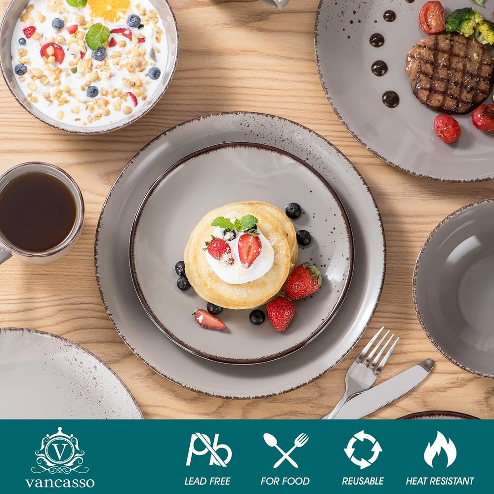 Vancasso Service de table pour 12 personnes Navia Service de table en grès 48 pièces avec assiettes, assiettes à salade, bols et tasses, aspect vintage, design naturel