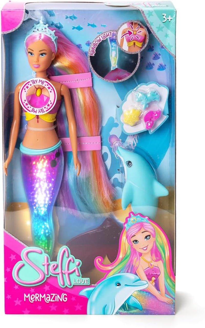 Simba Steffi Love Poupée sirène mermaizing avec fonction lumière arc-en-ciel, cheveux extra longs, figurine de dauphin et pinces à cheveux, hauteur 39 cm, fonction Try-Me, à partir de 3 ans