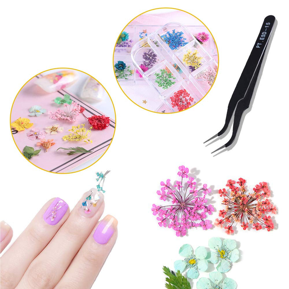 Getrocknete Blüten Nail Sticker, 2 Box 36 Stücke 3D Nail Art Kunstharz Blumen Sticker, Blüten Getrocknet Nagelkunst Trocken Blumen Nagel Zubehör für Nagel Dekor DIY Design avec 1 pince à épiler