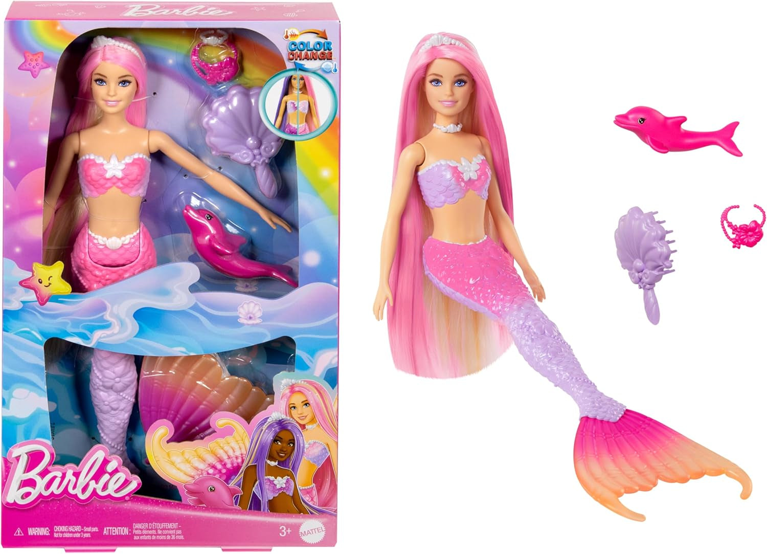 Poupée Sirène BARBIE - Inspirée de la série télévisée "Barbie : Hidden Magic" avec effet de changement de couleur et accessoires, cheveux roses de 19 cm de long à coiffer, pour les enfants à partir de 3 ans, HRP97