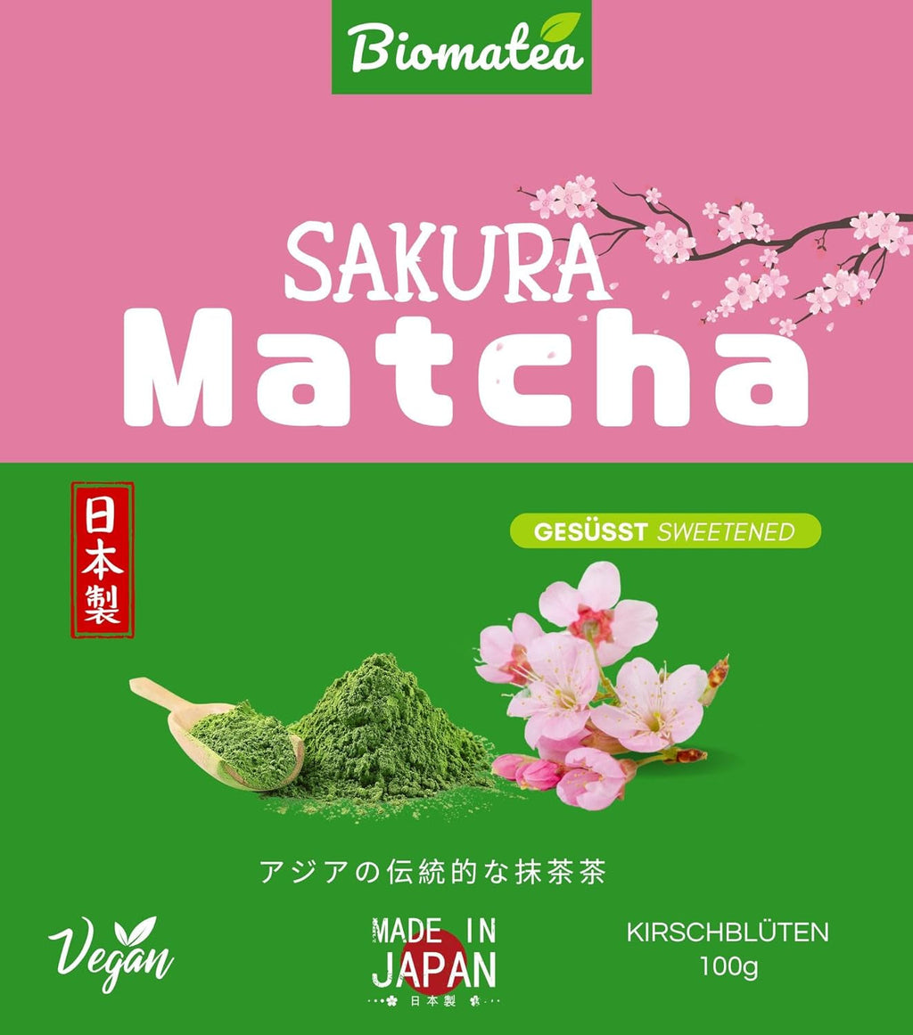 Pudră Matcha aromatizată – piersică japoneză, sakura sau mango – îndulcită – 100 g – solubilă instantaneu în apă sau lapte (Sakura)