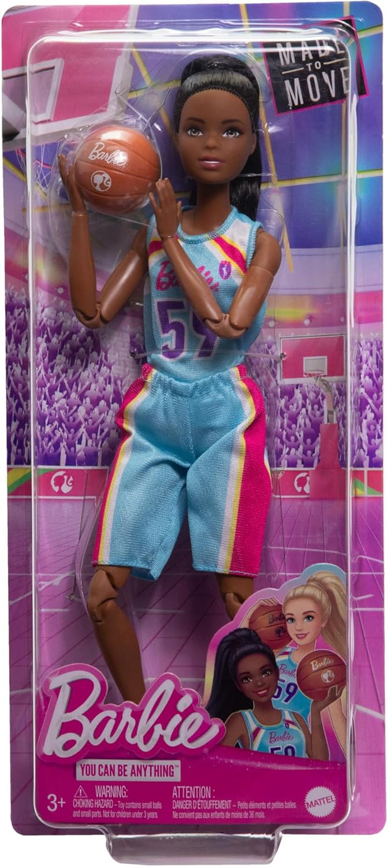 Barbie Made to Move Poupée et accessoires, joueuse de basket brune avec robe de sport et ballon amovibles, 22 articulations articulées, HKT74
