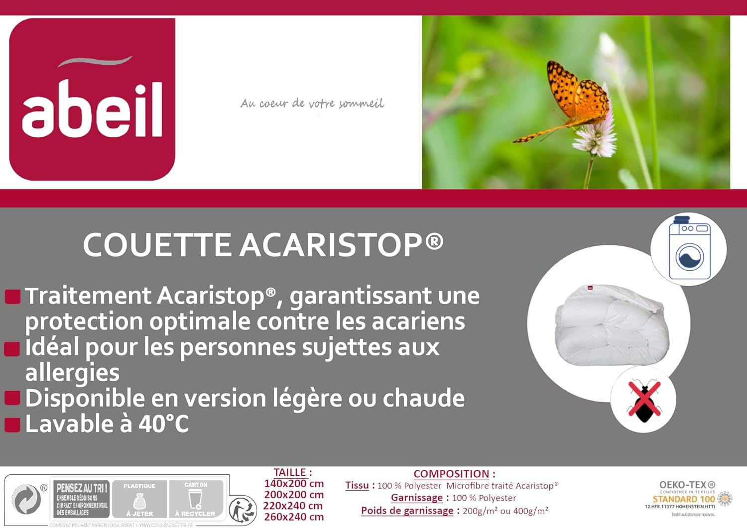 Abeil Husă de plapumă Acaristop cu efect împotriva acarienilor și antibacterian, poliester, alb, 220 X 240 cm Plapumi si pilote Naty Shop