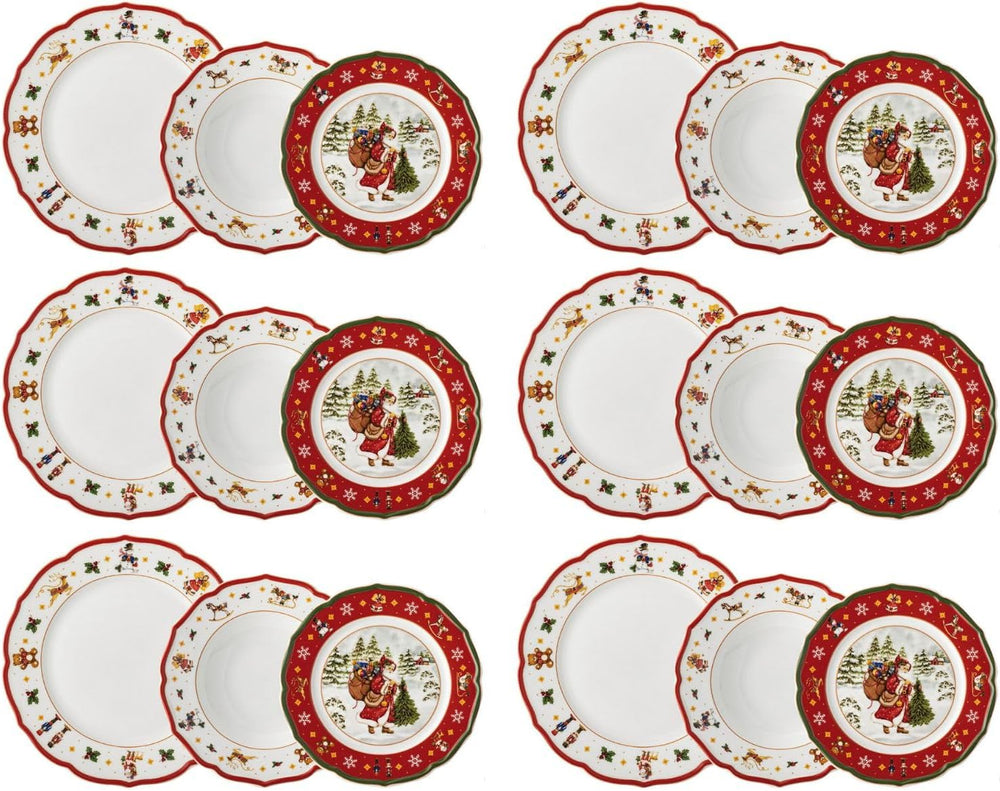 Hutschenreuther Service de table de Noël rouge Happy Wintertime pour 6 personnes, porcelaine, multicolore, 6 assiettes de petit-déjeuner, 6 assiettes plates et 6 assiettes plates, passe au lave-vaisselle et au micro-ondes