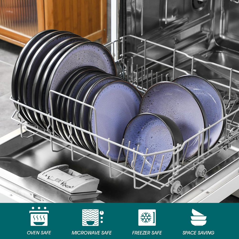 Steingut Geschirrset 6 Personen, vancasso AMBER Teller Set 6 Personen, Tafelservice 24tlg mit Speiseteller, Dessertteller, Suppenteller, Schüssel, Reaktive Glasur, Abendviolett, Spülmaschinenfest