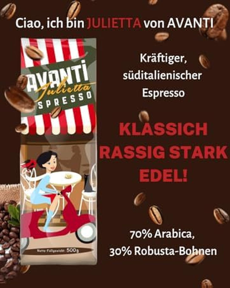Café en grains AVANTI Julietta Espresso, 500g, 70% Arabica 30% Robusta, torréfaction traditionnelle au tambour