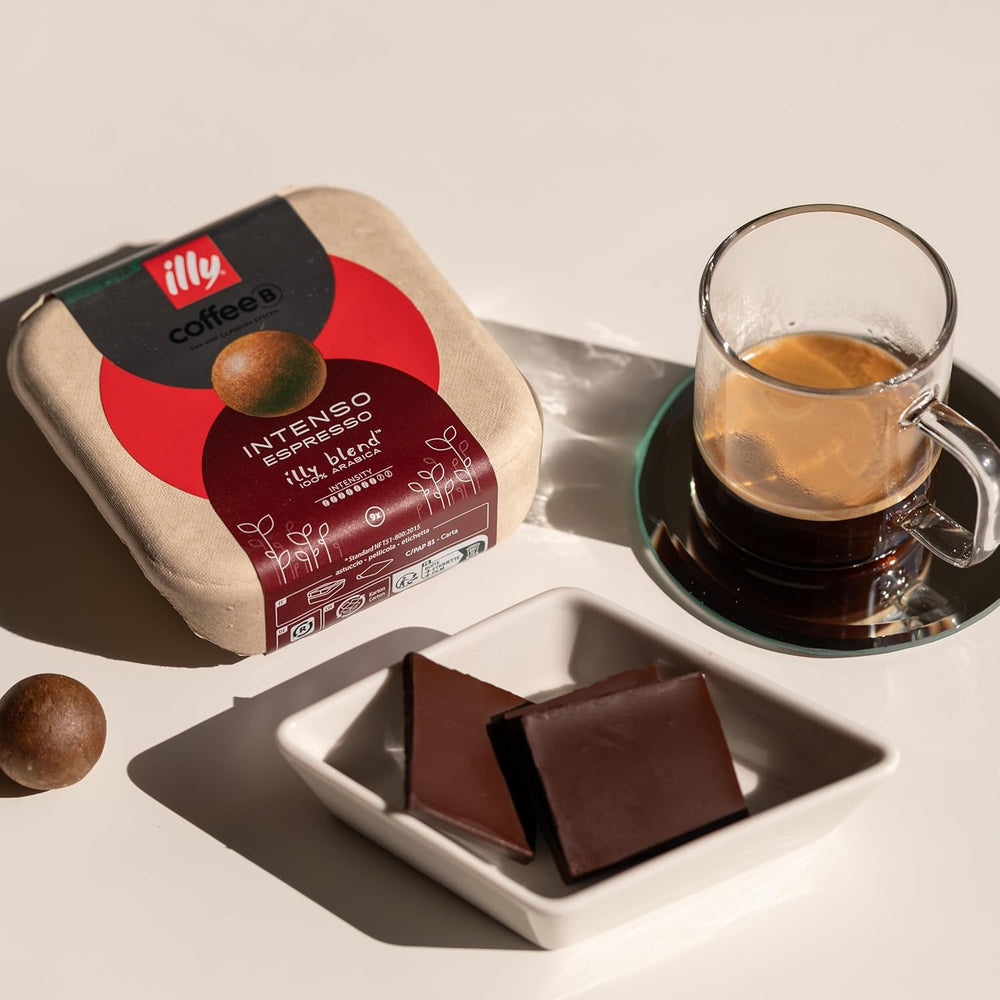 CoffeeB illy Intenso Espresso – Tasses à café compostables, 9 pièces, compatibles avec les machines CoffeeB, avec notes de Kakao, chocolats et fruits de mer