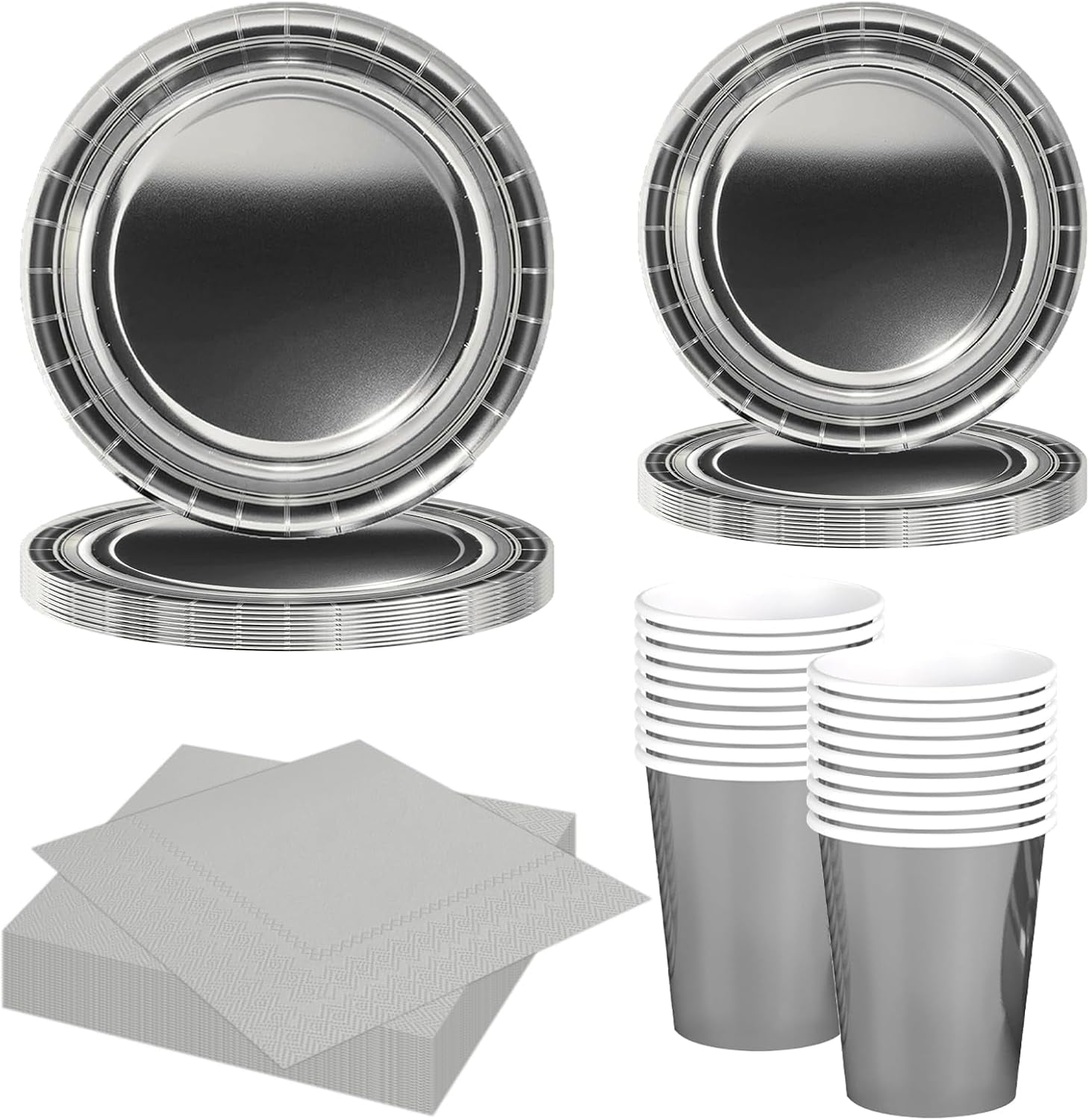 68 Pièces Ensemble de Couverts en Papier Argenté Assiettes en Carton Argenté Gobelets en Papier Serviettes Vaisselle Décorative pour Fête Anniversaire Mariage Nouvel An Fournitures de Fête de Remise des Diplômes