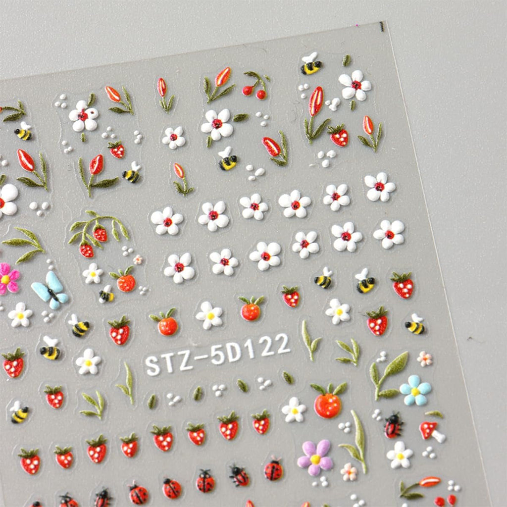 JMEOWIO 3D Nagelsticker Blumen Frucht Nail Art Sticker Selbstklebend Nagelaufkleber 5D Stereoskopisch Dekoration Nageldesign Zubehör 4 Blatt