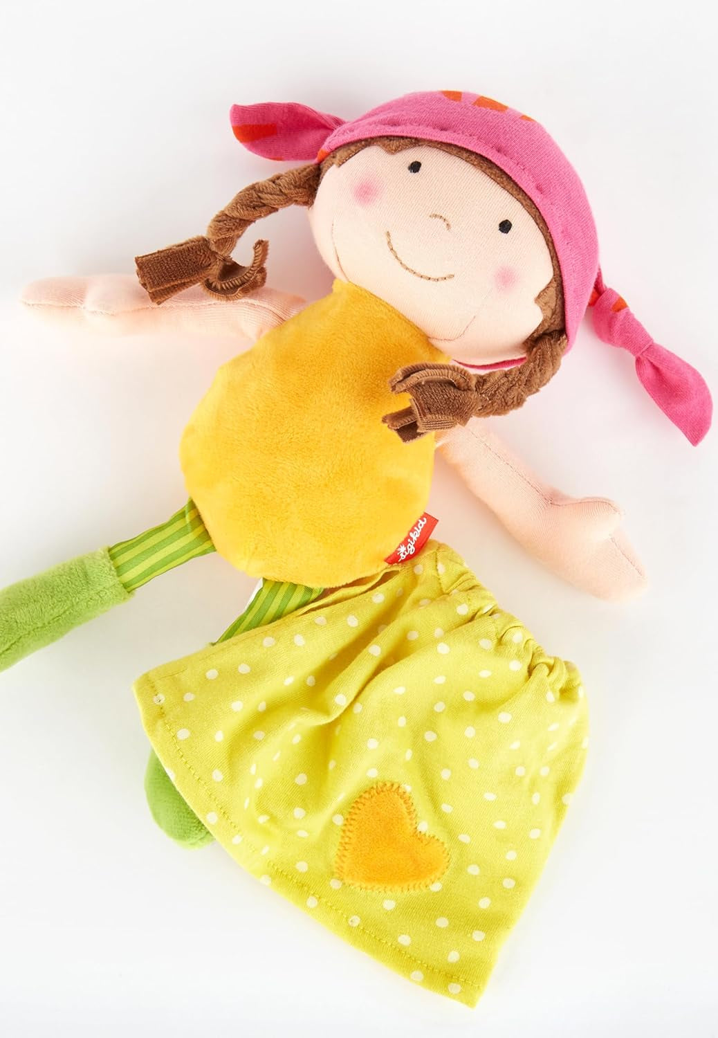SIGIKID 39411 Petite poupée douce fille, jouet pour bébé, recommandé à partir de 6 mois, jaune