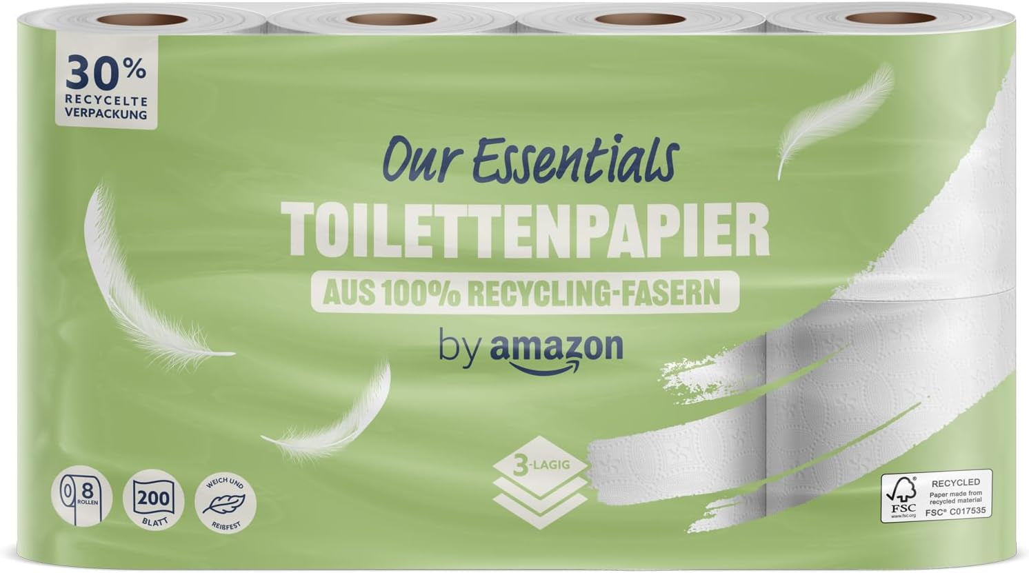 Par Amazon Papier toilette, 3 couches, 10 rouleaux (10 rouleaux, 1 paquet) 200 feuilles par rouleau, certifié Fsc