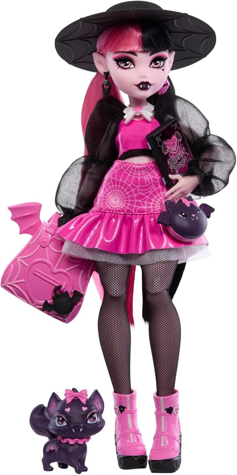 Poupée Monster High Draculaura avec son animal de compagnie, le chat chauve-souris, Count Fabulous, et des accessoires tels qu'un sac à dos, un livre de sorts, une boîte à bento et plus encore, HRP64