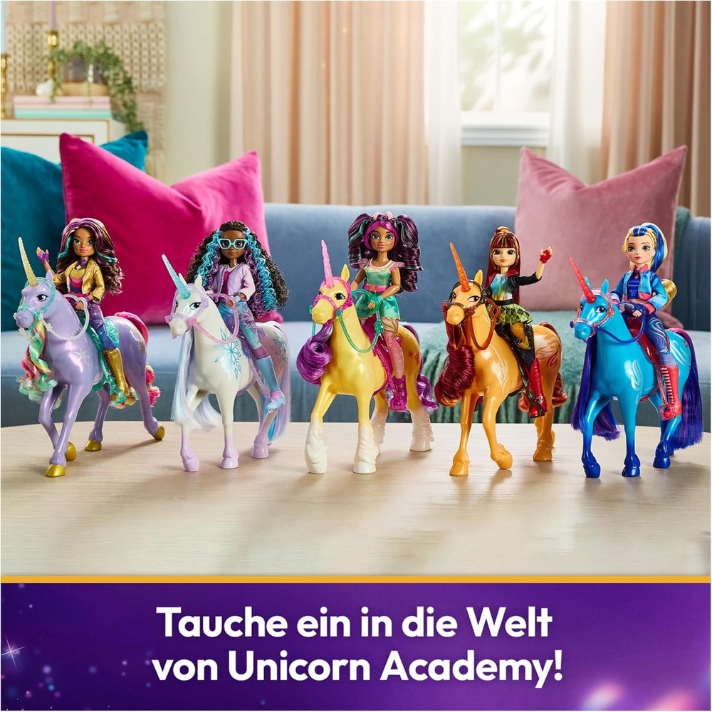 Unicorn Academy Cinder la Licorne - Licorne Valentina originale de 28 cm de haut de la série Netflix, avec une vraie crinière et une vraie queue, une bride, une selle et une brosse amovibles, pour les enfants à partir de 4 ans