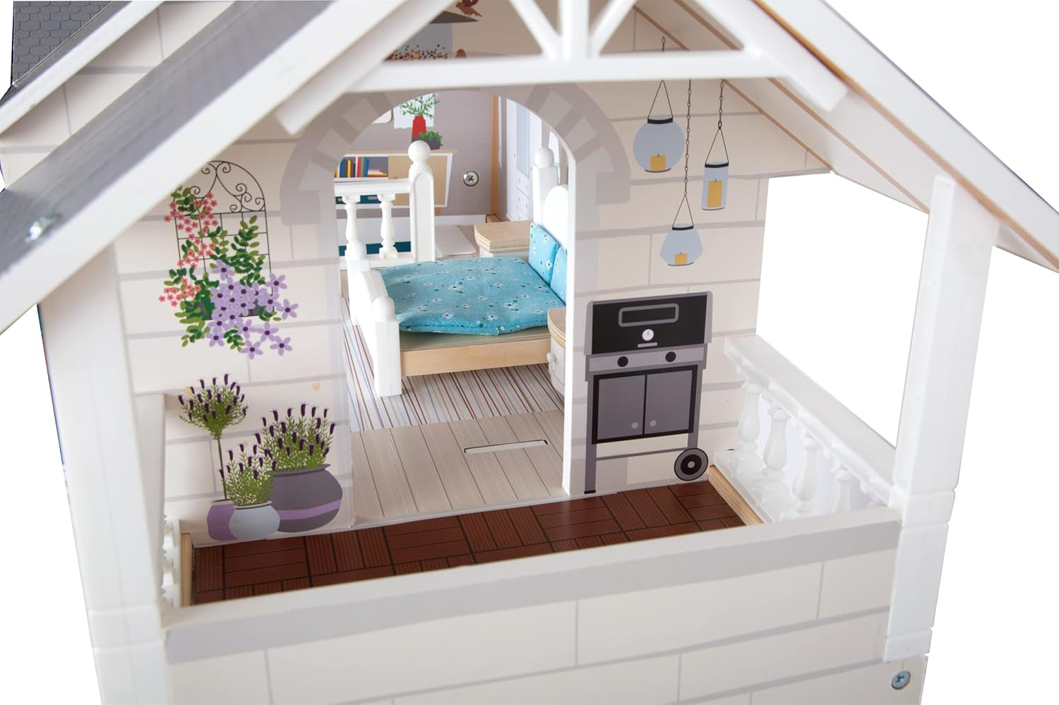 Small Foot Maison de poupée en bois à 3 étages avec façade ouverte et 12 meubles pour 3 ans et plus 11802 Blanc Gris