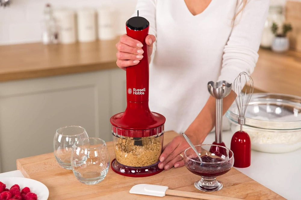 Russell Hobbs Stabmixer [3-In-1: Pürierstab/Zerkleinerer, Mixer- & Schneebesenaufsatz] Desire Rot (sans BPA & Spülmaschinenfestes Zubehör, Für Smoothie, Suppen Saucen, Yaourt Babynahrung) 24700-56 Kitchen Naty Shop