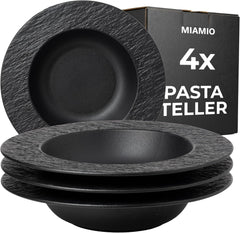 MIAMIO - Lot de 4 assiettes à pâtes de 26 cm de grande profondeur, vaisselle moderne en céramique noire et blanche, passe au micro-ondes et au lave-vaisselle – Collection Oasis (Noir)