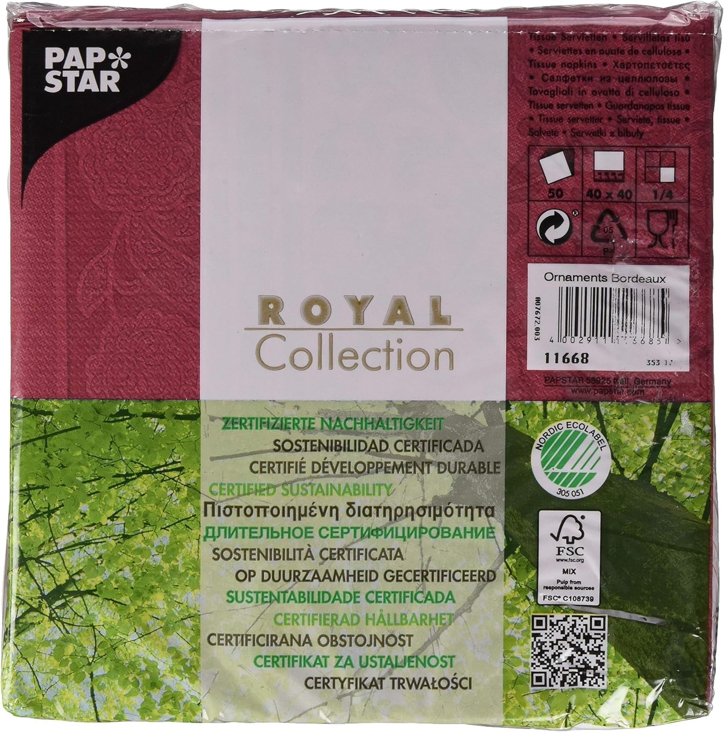 50 serviettes "Collection ROYAL" pli 1/4 40 Cm X 40 Cm Bordeaux "Ornements"