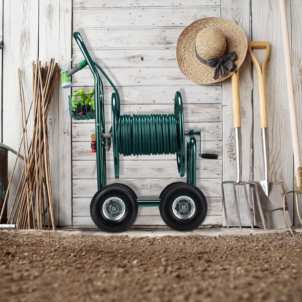 Dévidoir Relaxdays, jusqu'à 90 m, 4 pneumatiques, raccord à clic, enrouleur de tuyau en métal, distributeur de tuyau avec panier, vert