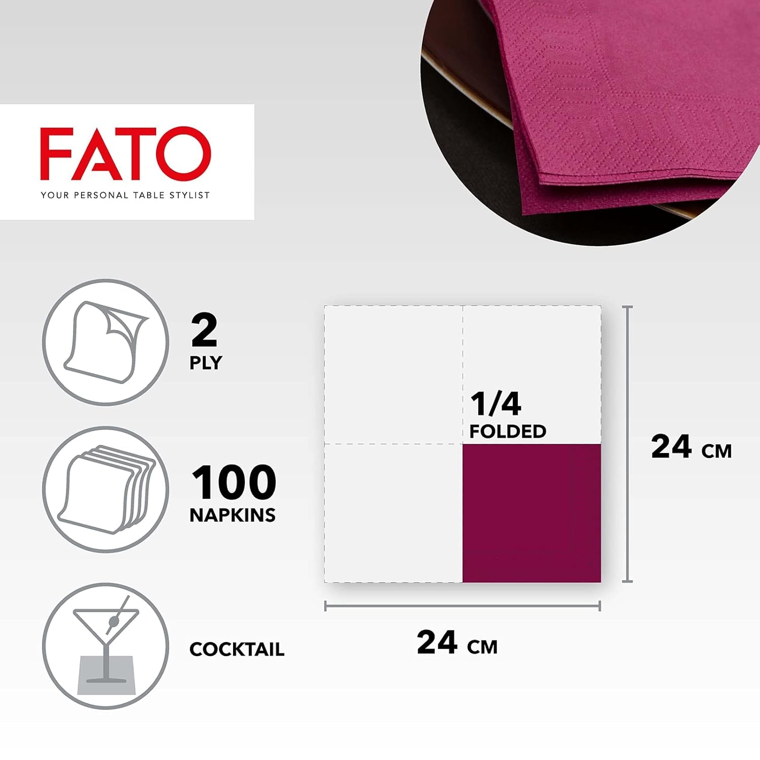 - Serviettes en papier jetables, idéales pour les apéritifs et les cocktails, paquet de 100 serviettes, taille 24X24, 4 épaisseurs, 2 épaisseurs, couleur bordeaux, papier 100% pure cellulose, certifié Fsc