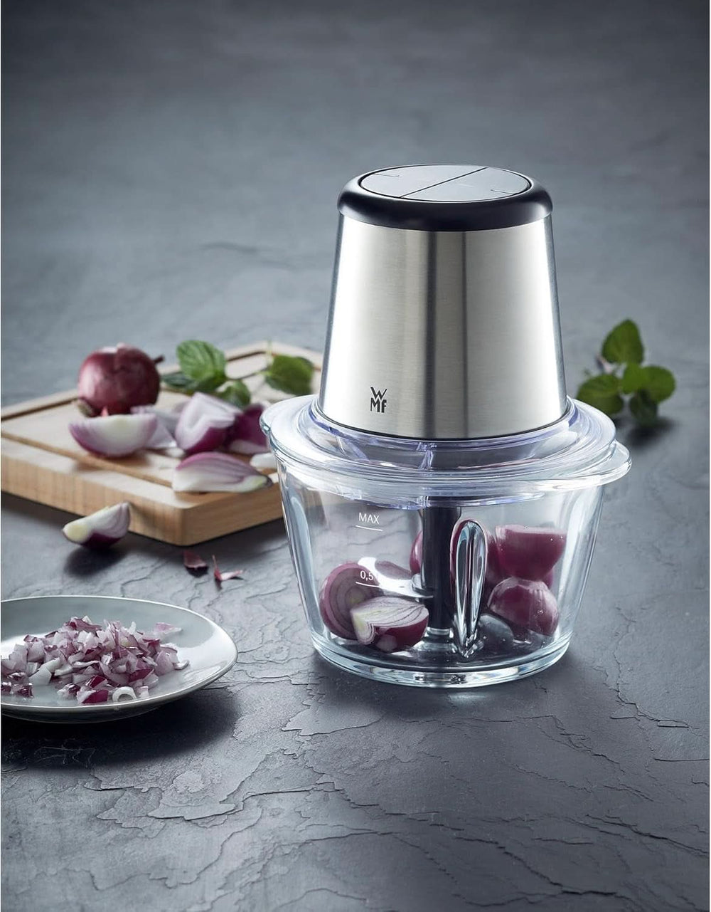 WMF Kult X Edition Zerkleinerer Elektrisch Mit Glasbehälter, Blitzhacker 320 W, 2 Geschwindigkeitsstufen, Großer Mixbehälter, Cromargan Matt Kitchen Naty Shop