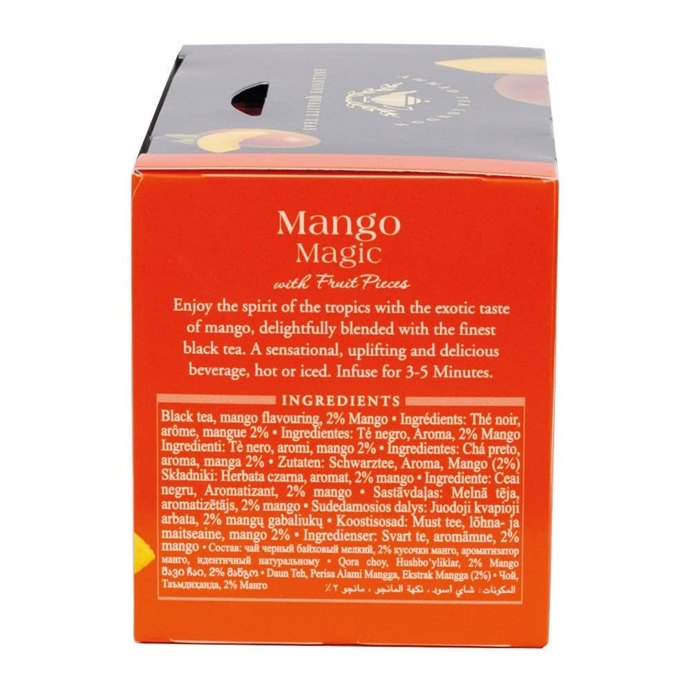 Thé Ahmad – Magie de la mangue | Thé noir aromatisé à la mangue | 20 sachets de thé de 2 g | Sachets de thé avec du ruban adhésif