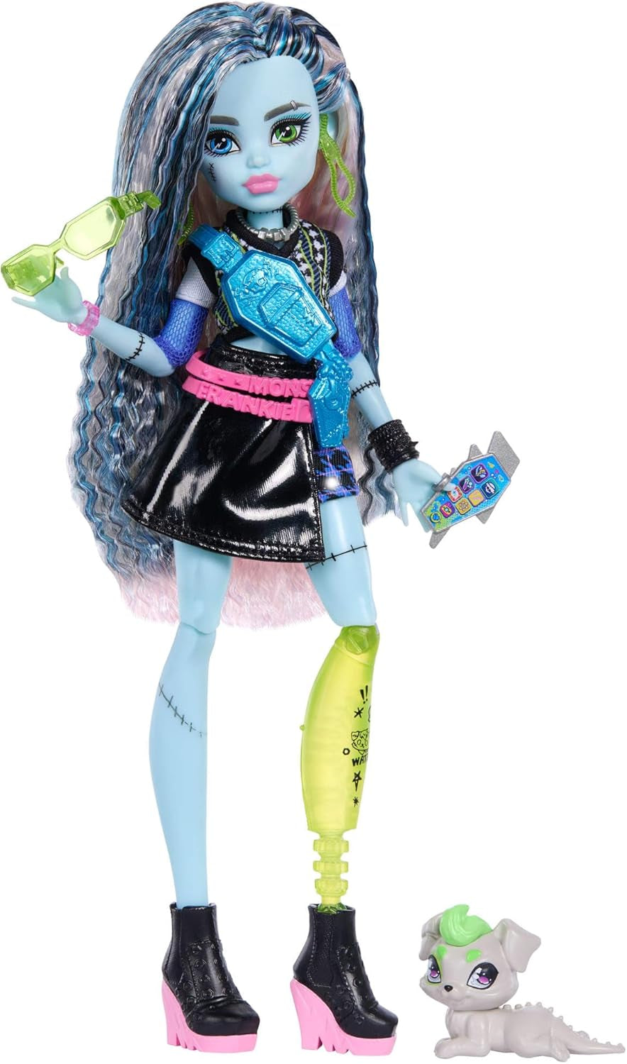 Monster High-Puppe, Draculaura mit rosa Kleid mit Schleifen und schwarzer Strickjacke, mit Fledermaus Count Fabulous und 7 Zubehörteilen wie Ramen, Lippenstift und Tasche, JHK29