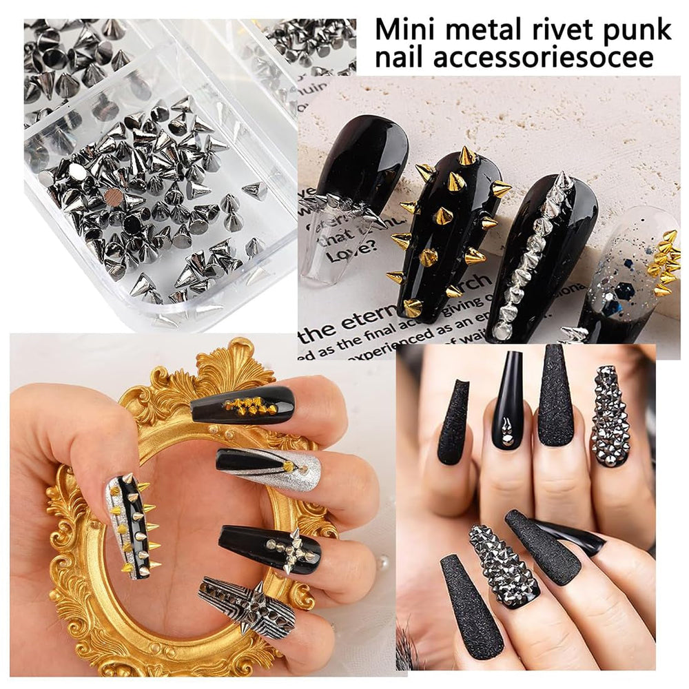Mini Metall Nieten Punk Nail Charms Gold Silver Strasssteine ​​​​Nägel Charm Kegel Spikes Nagelschmuck Glitzersteine ​​​​Nail Art Studs Nagel Steine ​​​​Legierung Nagelanhänger Strass Nageldesign Zubehör