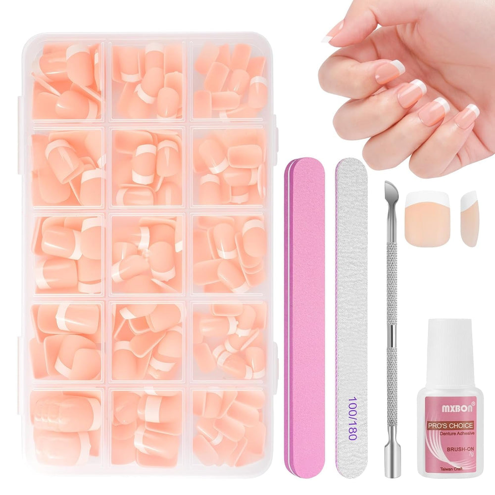 Lot de 240 faux ongles à pression française, 12 tailles, faux ongles avec colle pour femmes et hommes (blanc nu amande moyenne)