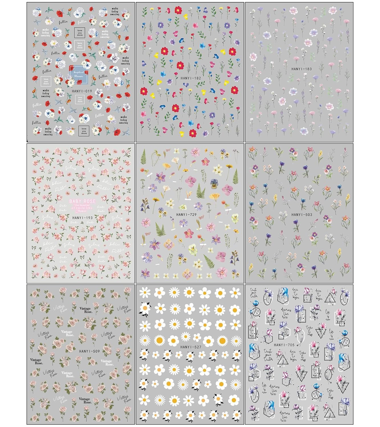 JMEOWIO Nagelsticker Frühlings Blume 9 Blatt Nail Art Sticker Selbstklebend Nagelaufkleber Bunte Sommer Blumen Dekoration Nageldesign Zubehör