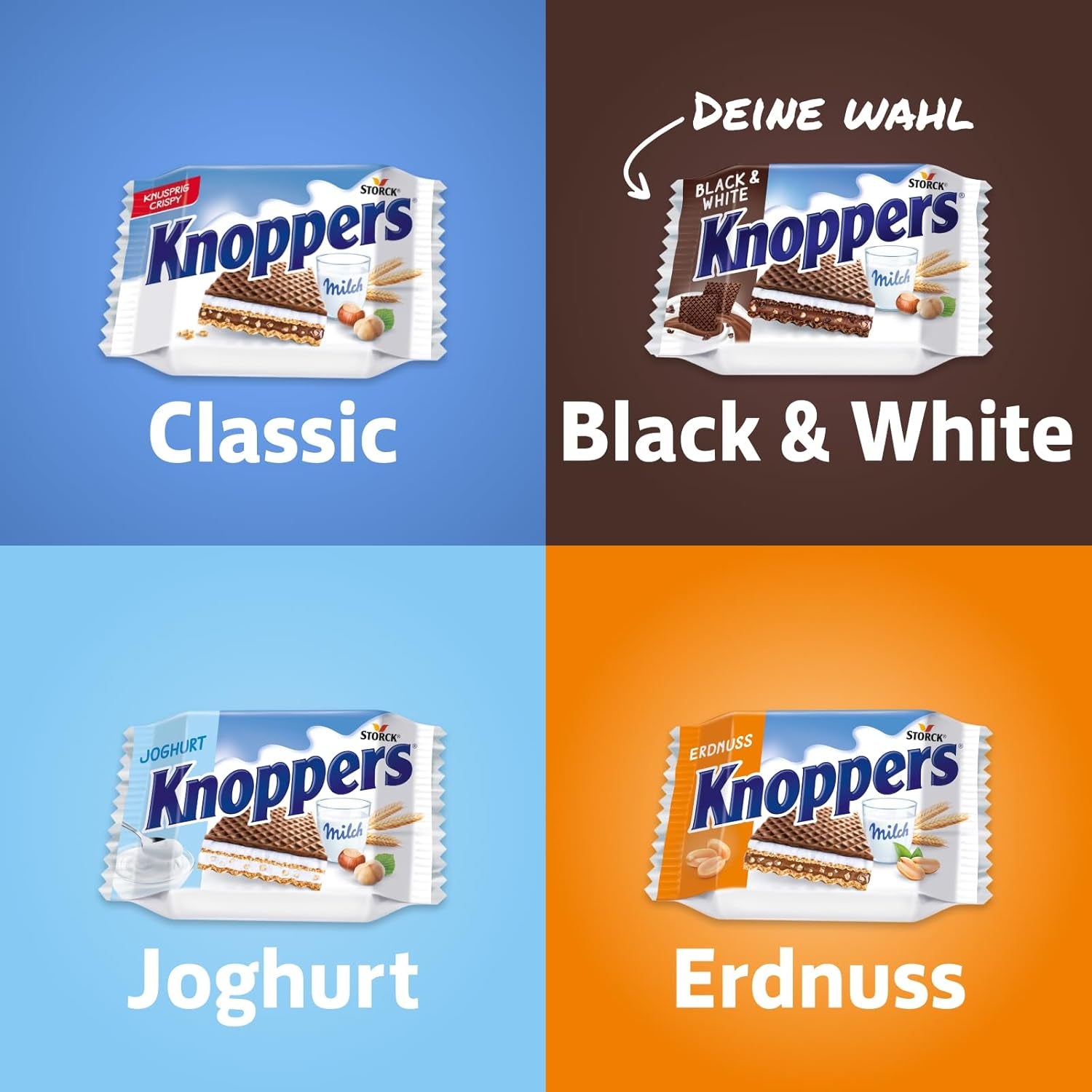 Knoppers Blancs et Noirs – 8 x 25g – Tranches de gaufrettes fourrées de gaufrettes au cacao noir, morceaux de biscuits noirs, lait et crème de nougat