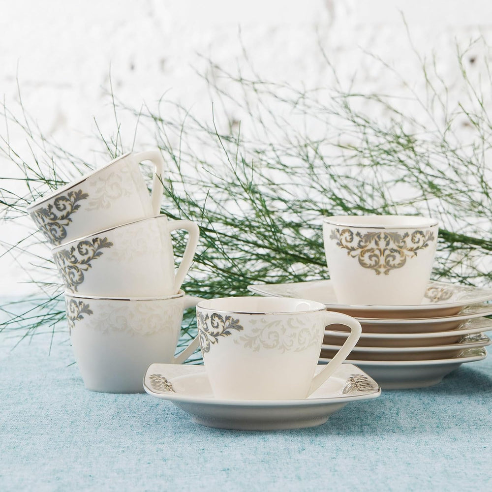 KARACA Nazende Ensemble de tasses à expresso en porcelaine – Tasses à café turques de 80 ml avec soucoupes, service à café moderne 12 pièces avec 6 tasses à café et 6 soucoupes, tasses à moka – Blanc