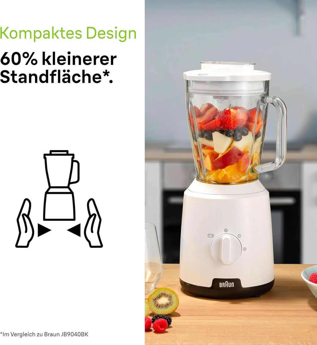 Braun Powerblend 1 JB1050WH - Standmixer Mit 1,5 L Glas-Mixaufsatz, Küchenhelfer Zum Zerkleinern, Pürieren & Mixen, Ice-Crush-Funktion, 2 Geschwindigkeiten, 600 Watt, Weiß Bucatarie Naty Shop