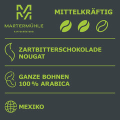 Martermühle Mexiko Bio Espressobohnen entkoffeiniert 1kg mittelkräftig I Arabica I Saveur : Nougat, Zartbitterschokolade I Ganze Bio Espresso-Bohnen schonend geröstet, säurearm