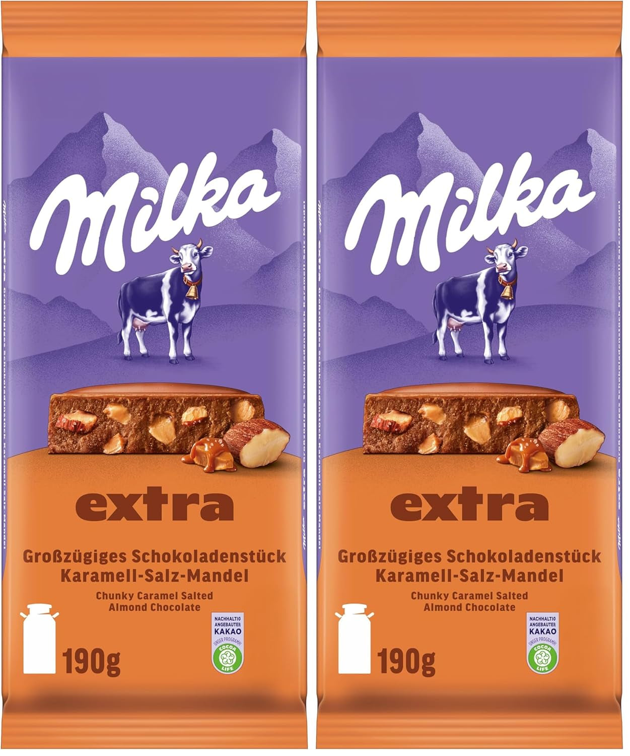 Milka Extra Caramel Sel Amande - Chocolat au lait alpin avec des morceaux de caramel, des amandes et une pincée de sel - 190g