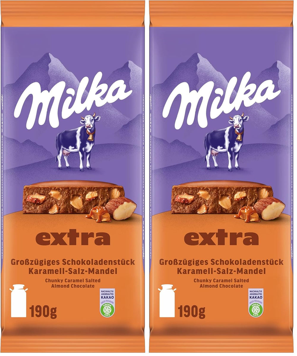 Milka Extra Caramel Sel Amande - Chocolat au lait alpin avec des morceaux de caramel, des amandes et une pincée de sel - 190g