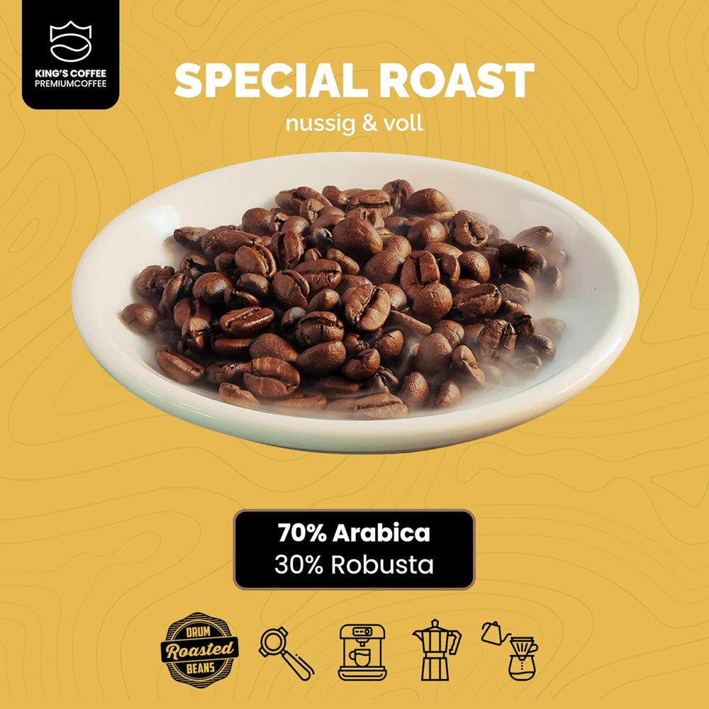 KING'S COFFEE - SPECIAL ROAST - 1 kg de grains d'espresso Barista Premium - Café à faible acidité - Torréfaction en petits lots en Italie - Le meilleur mélange Arabica-Robusta pour machines entièrement automatiques et porte-filtres