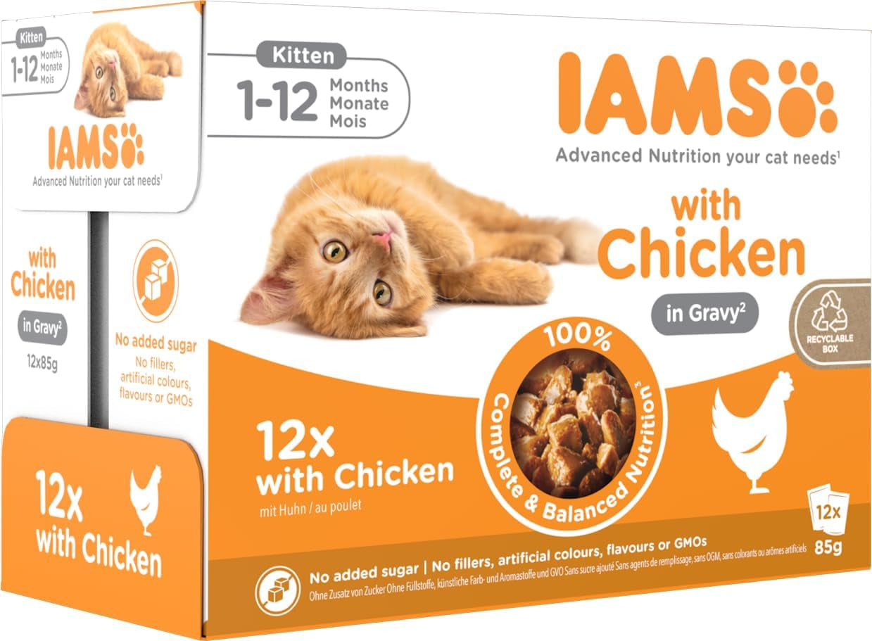 IAMS Delights Kitten Nassfutter - Multipack Katzenfutter mit Hunn in Sauce, Futter de haute qualité pour les enfants de 1 à 12 mois, 12 x 85 g