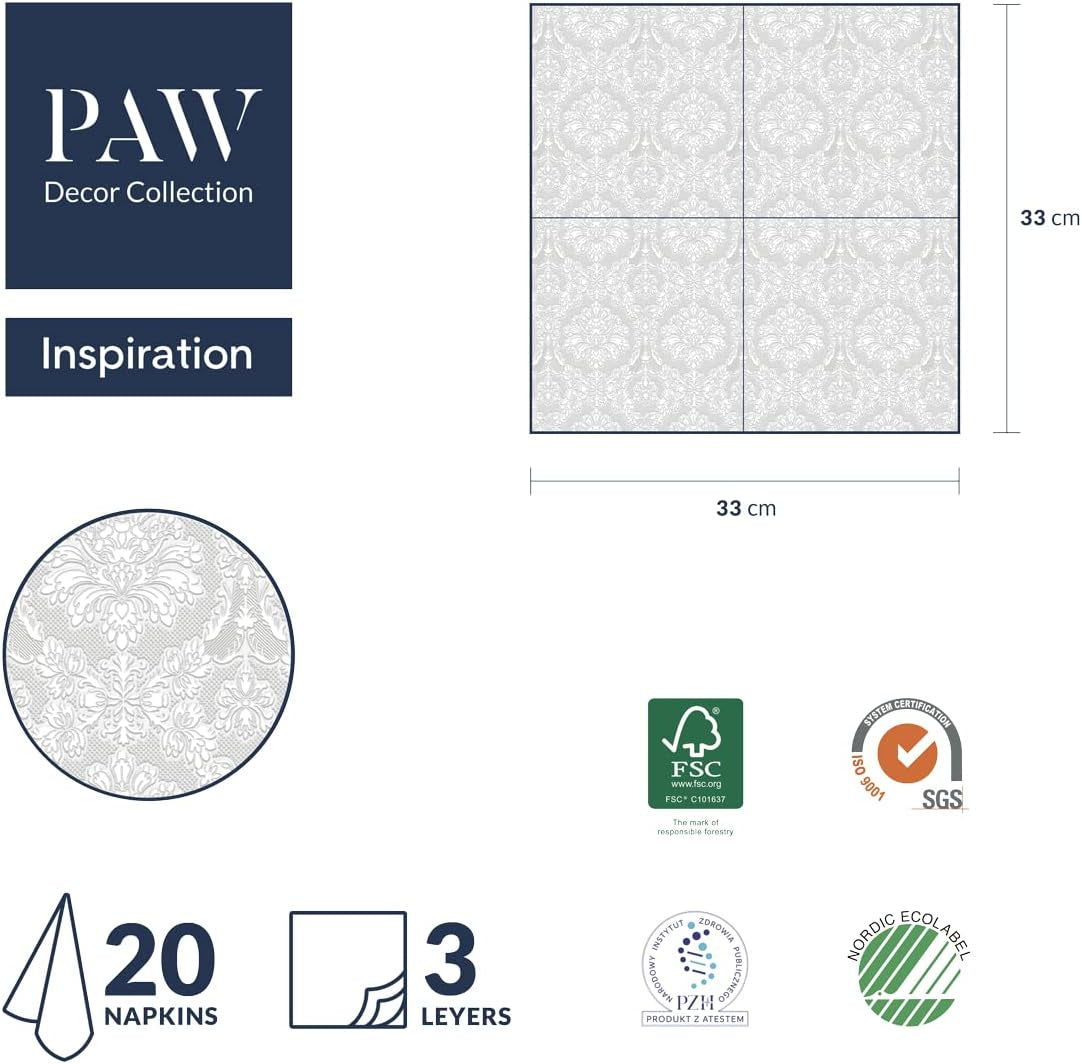 PAW - Serviettes 3 Plis (33 X 33 Cm) I 20 Pièces I Parfaites pour les Anniversaires, Fêtes, Mariages, Communions et Fêtes I Serviettes en Papier Colorées - Occasions Spéciales, Ornements I Inspiration Classique (Or)