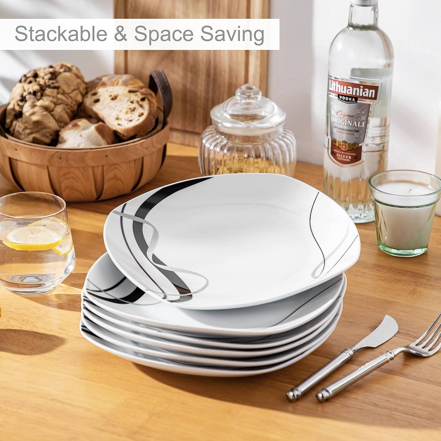 VEWEET FIONA Service d'assiettes en porcelaine pour 6 personnes, Ø 24,7 cm, comprenant des assiettes à dessert, des assiettes à pâtes, des assiettes à gâteau et des assiettes à petit-déjeuner, passe au micro-ondes et au lave-vaisselle