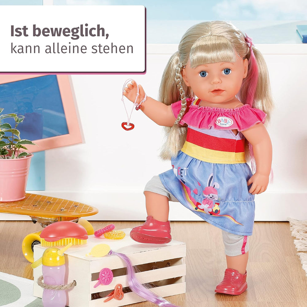 BABY Born Sister blond 43cm, Puppe mit Haaren und 6 Funktionen für Kinder ab 4 Jahren, funktioniert ohne Batterie, 830345 Zapf Creation