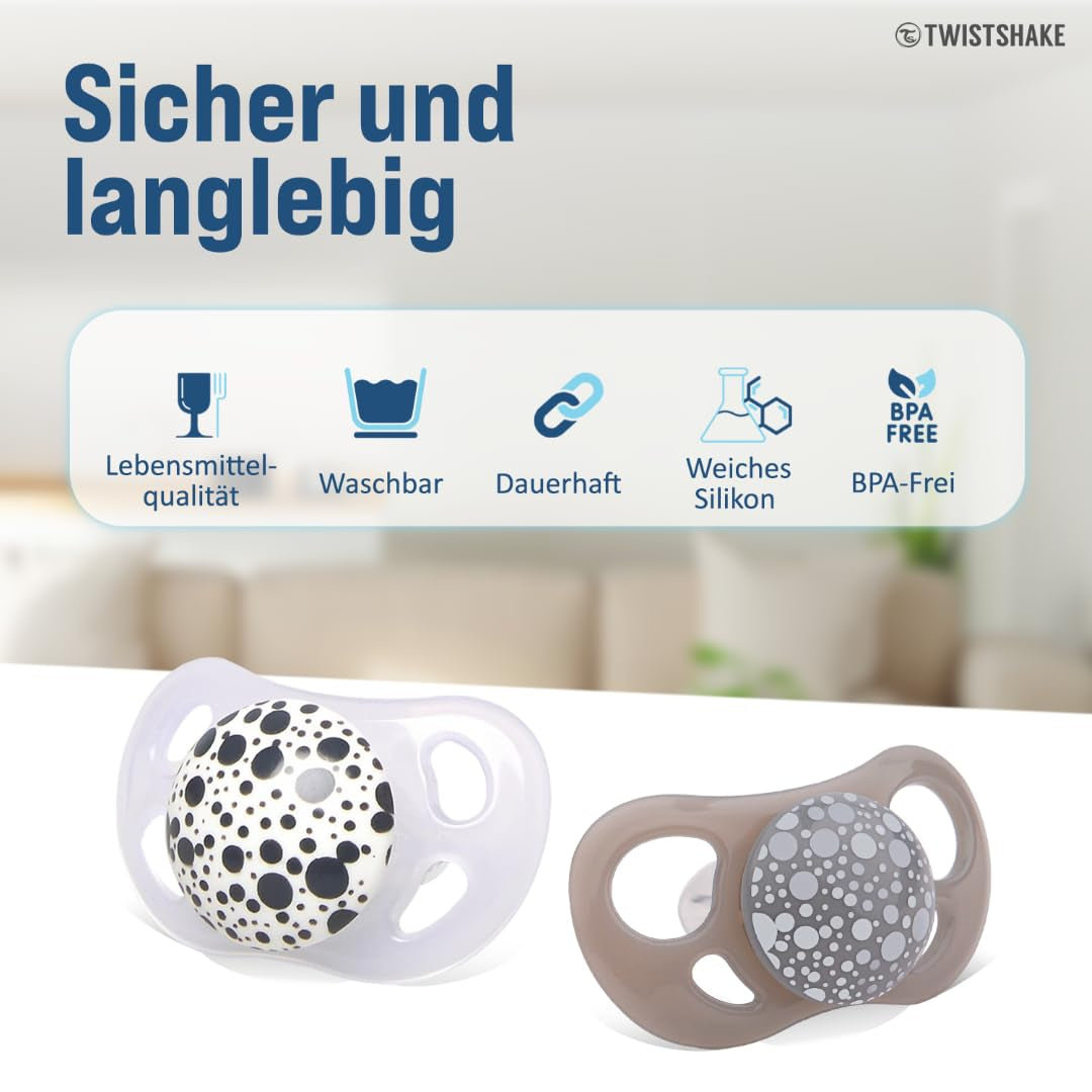 Sucettes pour bébé Twistshake – Paquet de 2 | Forme orthodontique | Ultra-léger | Tétine en silicone souple | Sans BPA | Convient aux bébés à partir de 6 mois | Gris-blanc