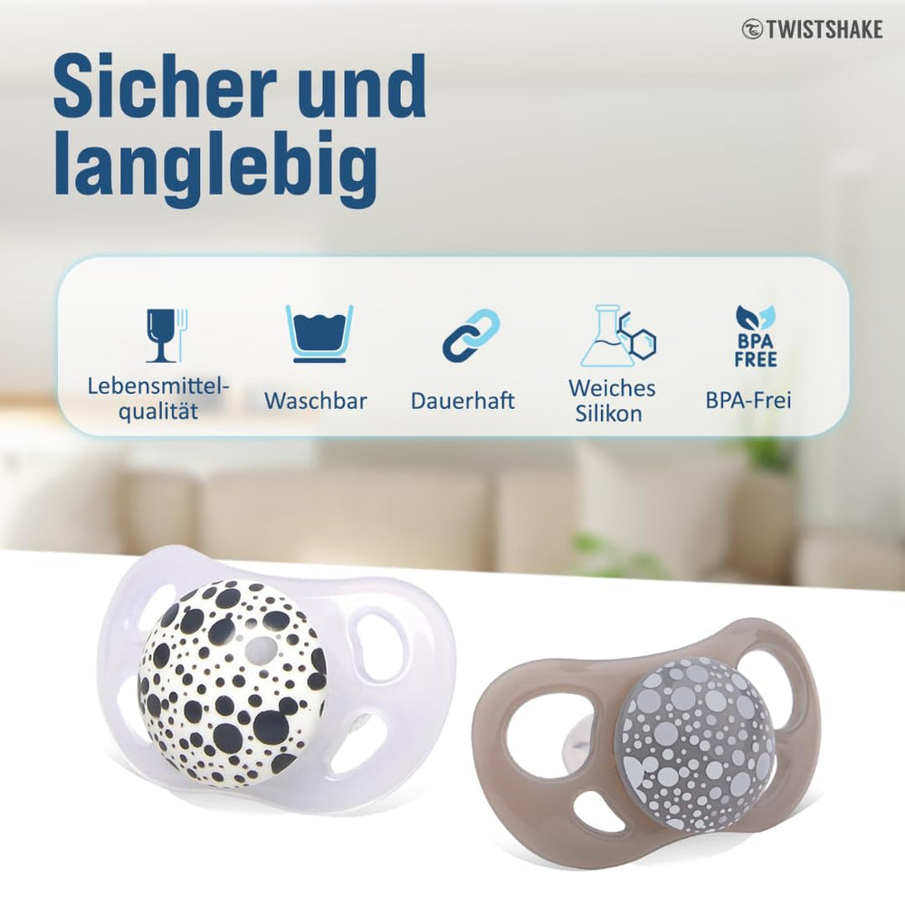 Sucettes pour bébé Twistshake – Paquet de 2 | Forme orthodontique | Ultra-léger | Tétine en silicone souple | Sans BPA | Convient aux bébés à partir de 6 mois | Gris-blanc
