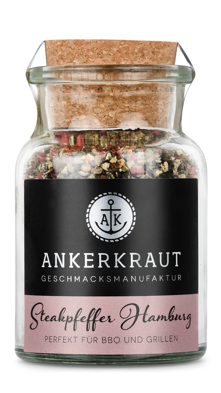 Ankerkraut Steakpfeffer Hamburg, Pfefferkörner Hausmischung, grober Steakhouse-Pfeffer, frische Note, Universal Allrounder, Lecker Kochen mit Qualität, 80 g dans Korkenglas
