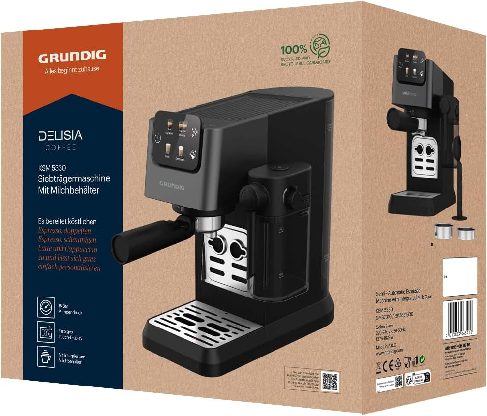 Espressor portafilter GRUNDIG KSM 5330 cu recipient de lapte integrat, putere 1628 W, presiune pompă 15 bar, duză dublă, afișaj tactil color, BrewSense, CreamyPro, Inox închis/Negru