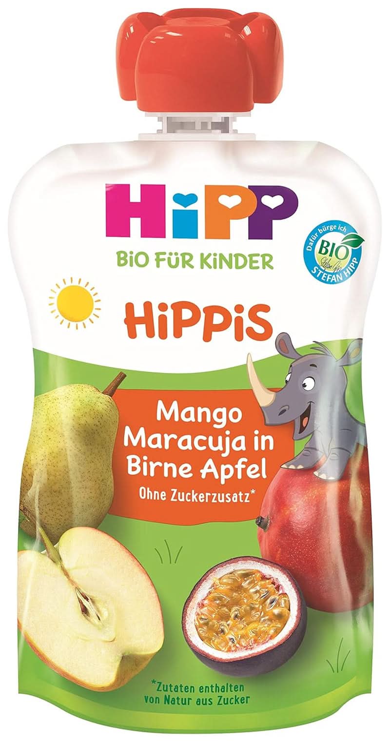 Hipp Super-Hippis squeeze sachets, grenade acérola en pomme-framboise, fruit 100% bio sans sucre ajouté, 6 sachets de 100 g Mère et Enfant Naty Shop 6 x 100 grammes Mangue, fruit de la passion, poire, pomme