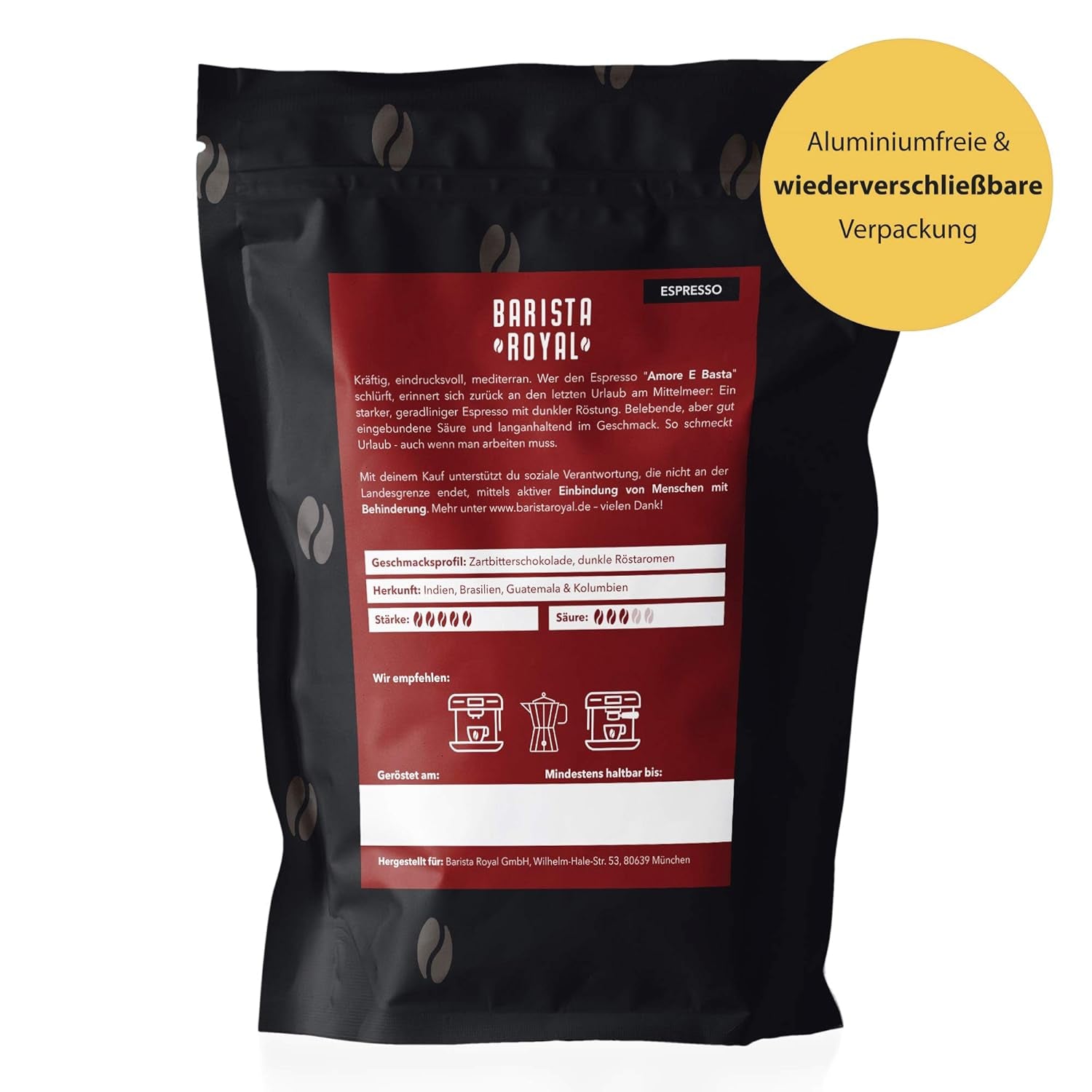 BARISTA ROYAL Espressobohnen 1kg "Amore E Basta Espresso" | Frische Kaffeebohnen direkt gehandelt | 70 % Arabica, 30 % Robusta Espresso ganze Bohnen | Idéal pour les machines entièrement automatiques et Siebträger