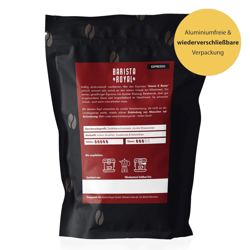 BARISTA ROYAL Espressobohnen 1kg "Amore E Basta Espresso" | Frische Kaffeebohnen direkt gehandelt | 70 % Arabica, 30 % Robusta Espresso ganze Bohnen | Idéal pour les machines entièrement automatiques et Siebträger