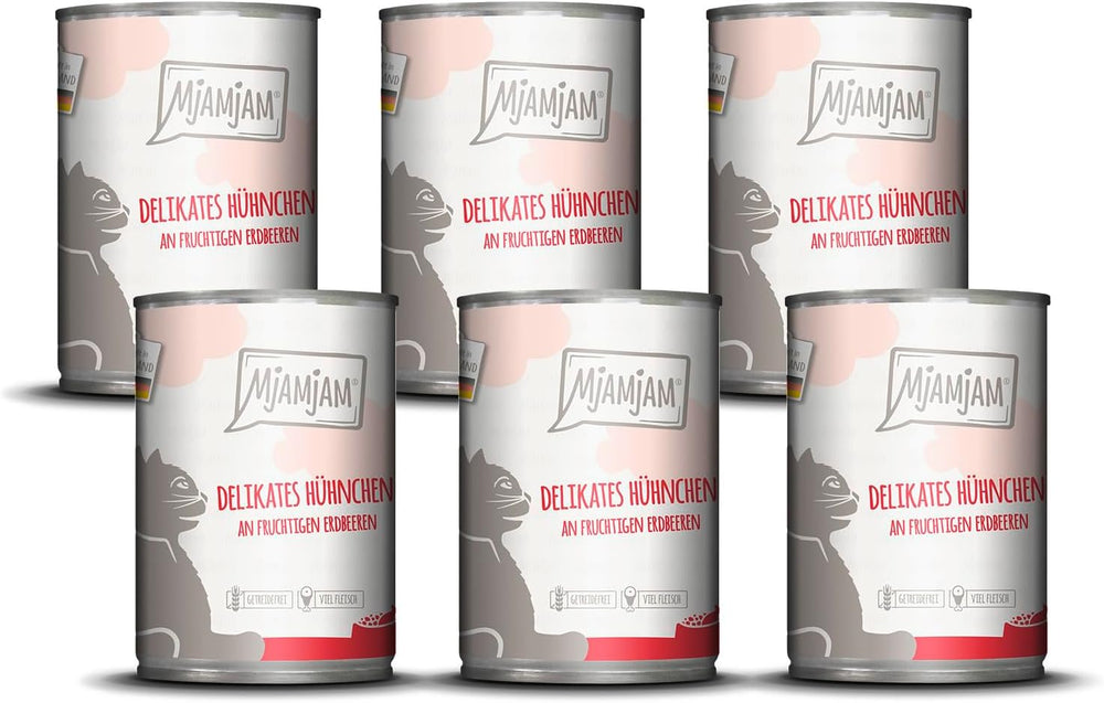 MjAMjAM - Nourriture humide premium pour chat - poulet délicat aux fraises fruitées 400g, paquet de 6 (6 x 400g), naturelle avec un supplément de viande