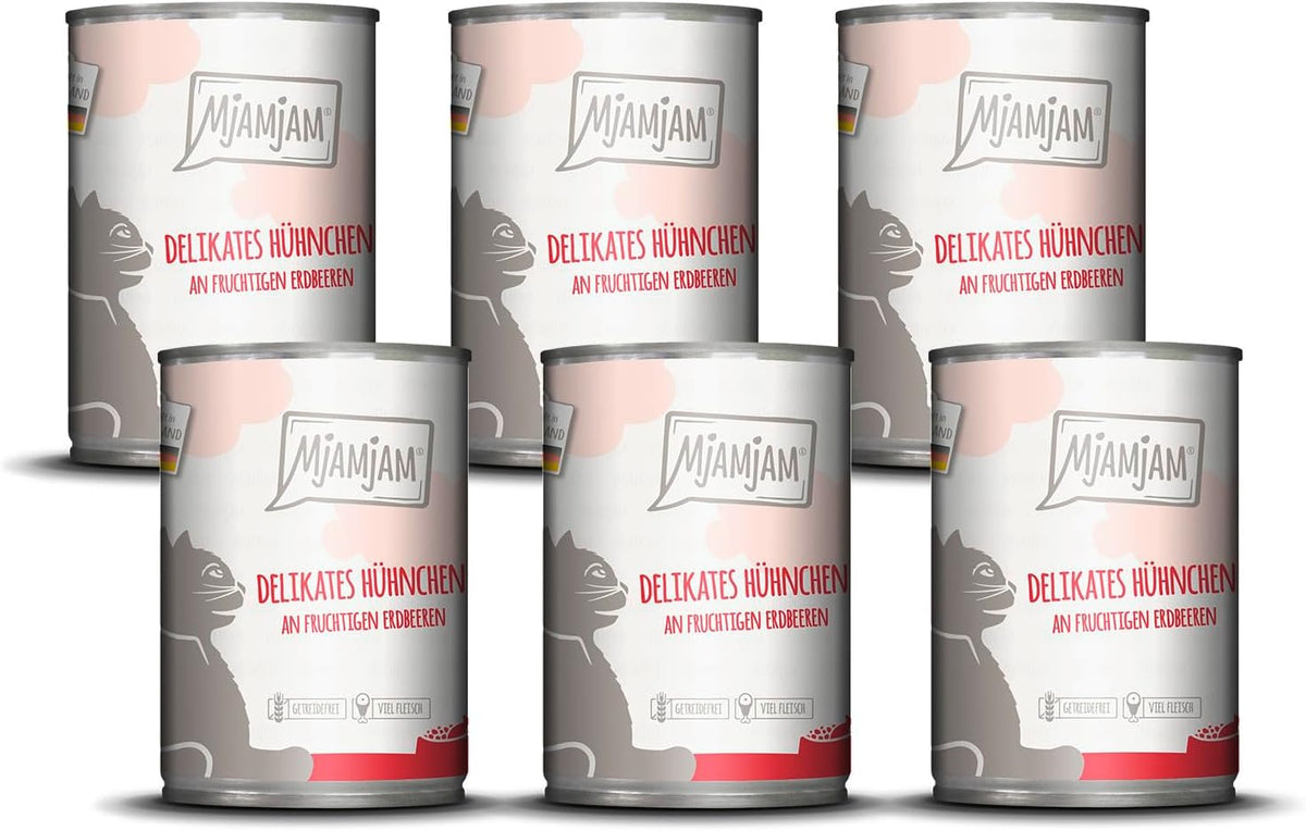 MjAMjAM - Nourriture humide premium pour chat - poulet délicat aux fraises fruitées 400g, paquet de 6 (6 x 400g), naturelle avec un supplément de viande